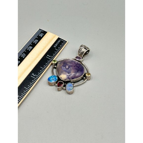 Multi Stone Pendant Sterling Silver 925 Purple Stone Opal and Garnet Handmade - Picture 6 of 6